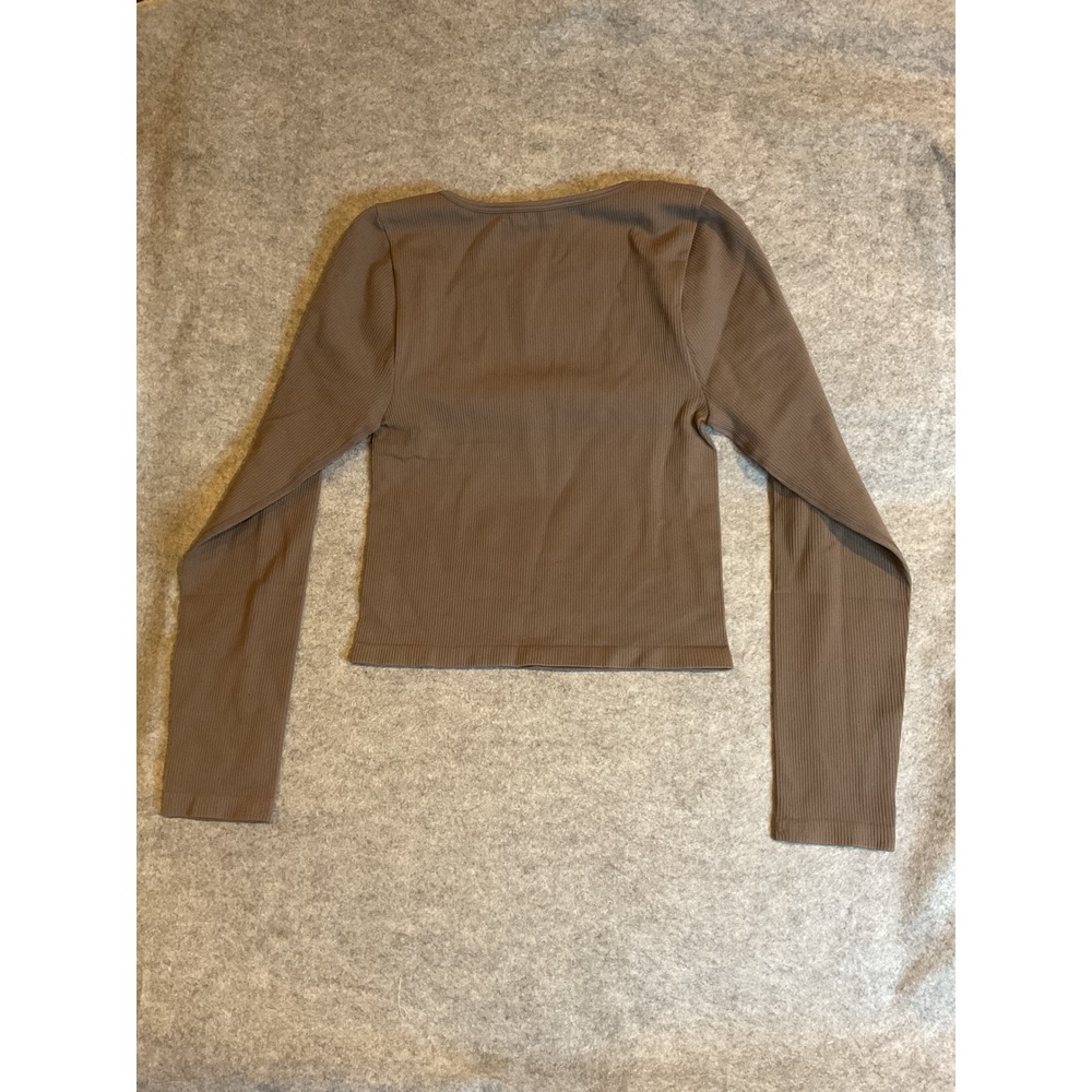 QQQ Women Brown Ribbed Square Neck Long Sleeve Seamless Crop Top Large - Picture 7 of 7